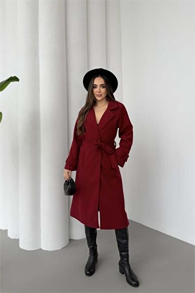 Dipmoda Women's Premium Belted Raglan Sleeve Buttoned Burgundy Cashmere Coat ...