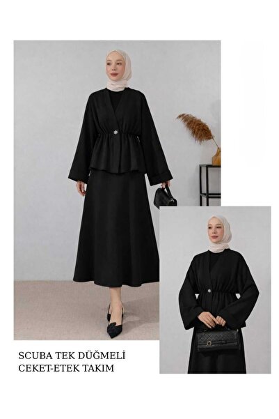 butik hira Scuba One Button Skirted Suit