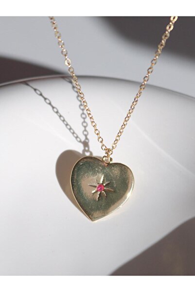 Reorah Collection Dark Pink Zircon Stone Star Heart Necklace - Gold Color