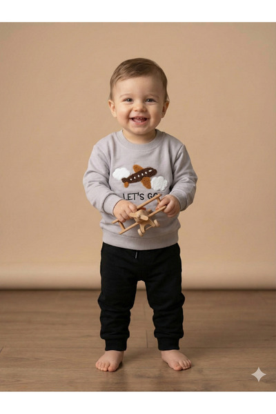 tinytrends 100% Cotton Baby Boy Embroidered Double Set Sweatshirt Pants