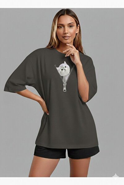 JENOLAN Tricou oversize cu imprimeu pisică și fermoar pentru femei, lejer