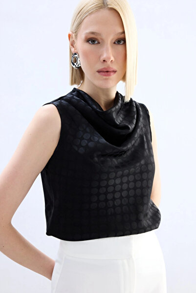 Sateen Polka Dot Patterned Sleeveless Blouse - Black