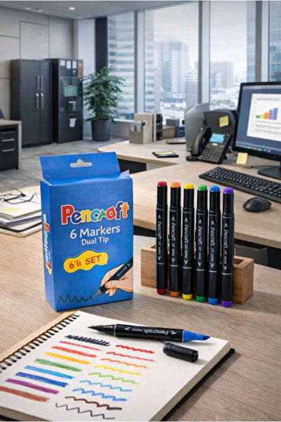 AYGÖREN HOME 6 Renkli Çift Uçlu Kalın/İnce Uçlu Keçeli Marker Seti - Profesyo...