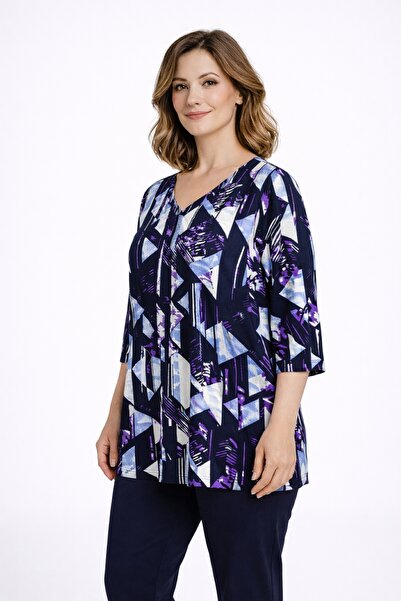 Şans Women's Plus Size Blue, V-Neck Geometric Pattern. Truvakar Sleeve Viscos...