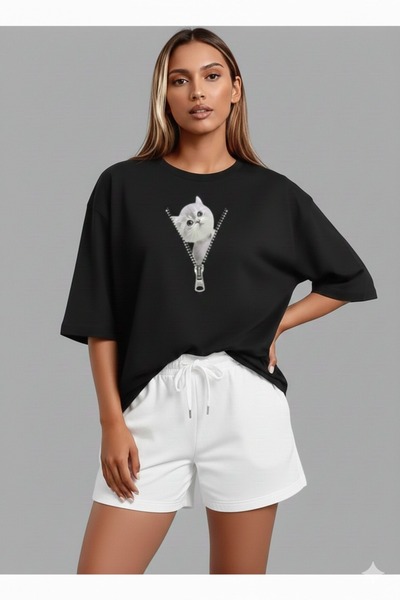 JENOLAN Γυναικείο μπλουζάκι με φερμουάρ και στάμπα γάτας, oversized, χαλαρό