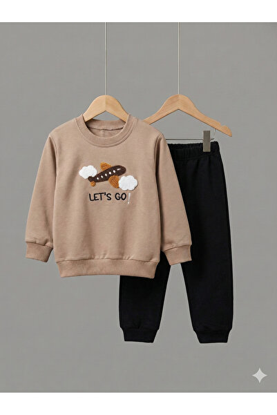 tinytrends %100 Pamuk Erkek Bebek Nakışlı İkili Takım Sweatshirt Pantolon