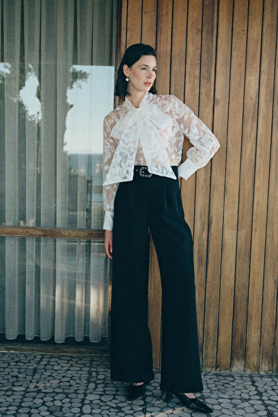 Sateen Belted Loose Trousers - Black