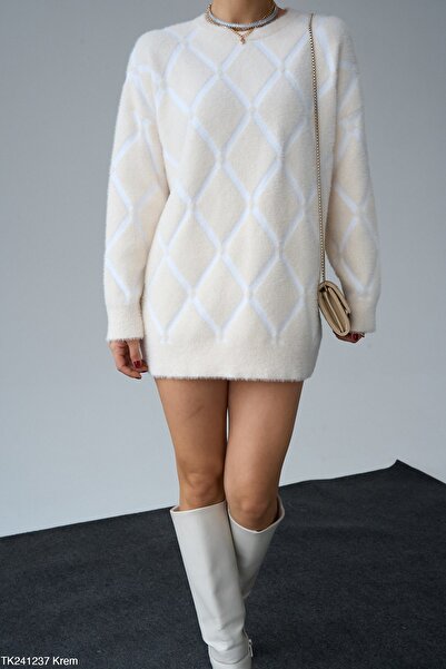 ZEYLİVA Baklava Patterned Long Knit Sweater – Cream