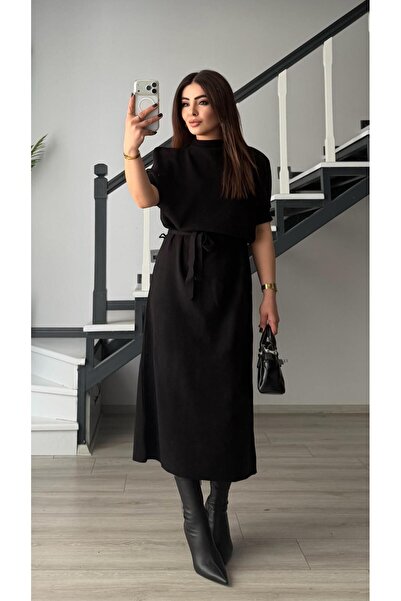 Oslove Black Mock Neck belted Corded Fabric knit dress