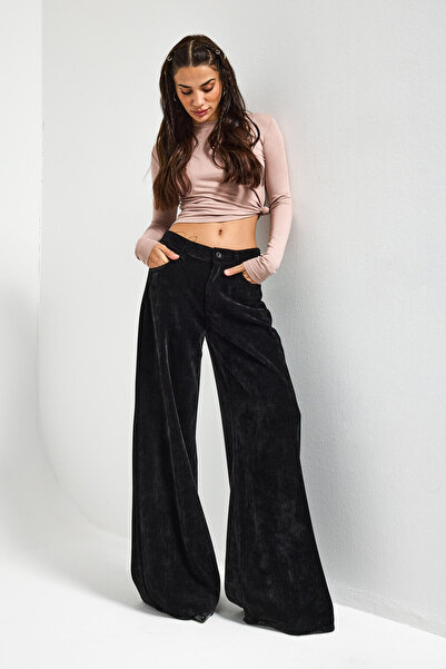it's basic Women's Black W5-1 Palazzo Fit Velvet Fabric Trousers