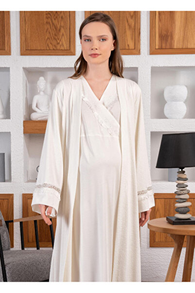 Tuba Jakarlı Kendinden Desenli Ve Püsküllü Tesettüre Uygun Sabahlıklı 2 li Lo...