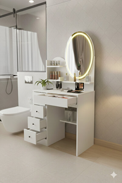 avesta mobilya Beyaz Makyaj Masası,Led Işıklı, MDF Hollywood Işıklı Aynalı Ku...