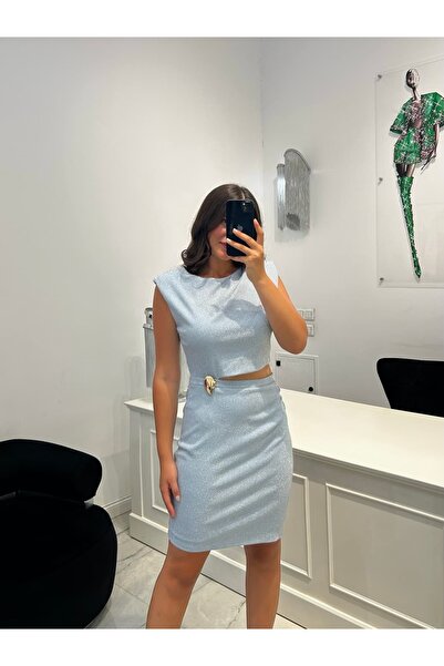 LaGrace Bebe mavisi gri simli abiye elbise