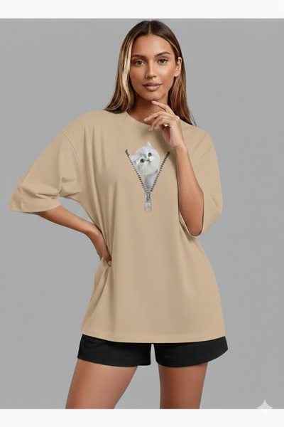 JENOLAN Tricou oversize cu imprimeu pisică și fermoar pentru femei, lejer