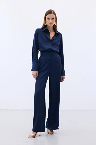 Sateen Jacquard Trousers - Navy Blue
