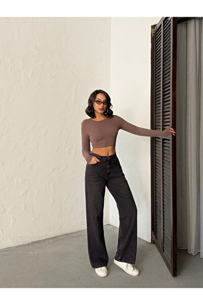 Blue Wings بنطلون جينز واسع الساقين بتطريز بني