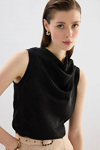 Sateen Plunging Neck Blouse - Black