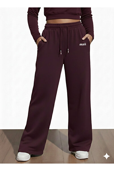 MaxiMor Women's Burgundy Color Full Stretch Fabric Fabric Wide Leg Sweatpants