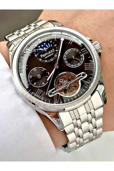 Ferrucci Silver-Black Color Steel Band Men's Wristwatch with Automatic Mechan...