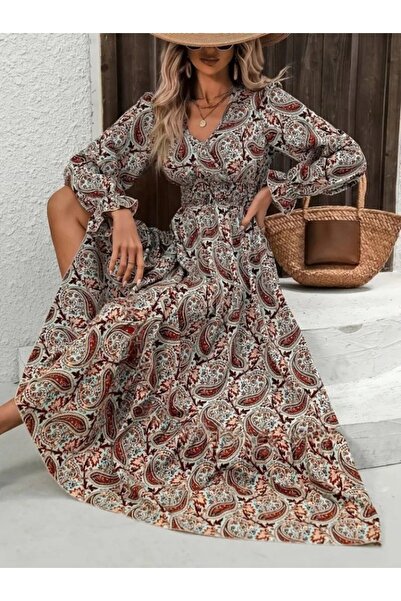 JANES Women's Long Sleeve V-Neck Elastic Waist Patterned Single Jersey Dress