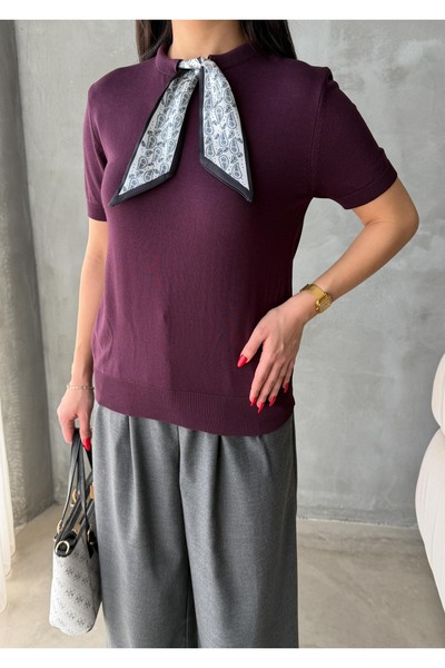 Figo Scarf Collar Short Sleeve Women's Knitwear