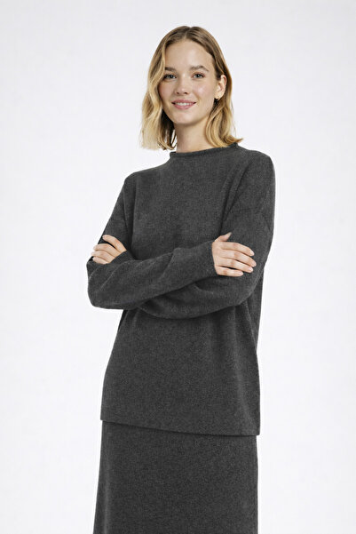 Triko Mısırlı Koyu Gri Dik Yaka Basic Kadın Kazak