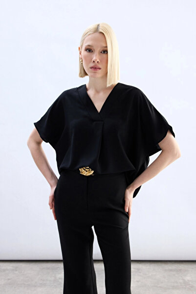 Sateen Wide Short Sleeve Blouse - Black