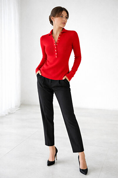 Sibel Günay Butik Gold Button Detailed Polo Neck Women's Knitwear Blouse