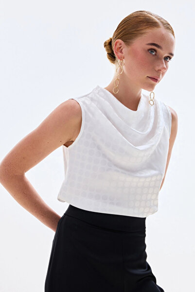 Sateen Polka Dot Patterned Sleeveless Blouse - Ecru