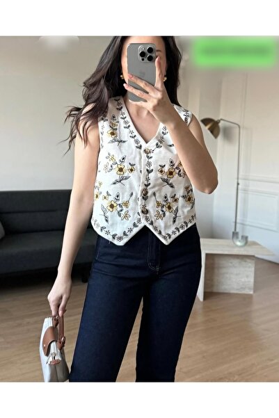 Sosyete Kaplumbağa Floral Pattern Embroidery, Buttoned, Lined Linen Cotton Vest