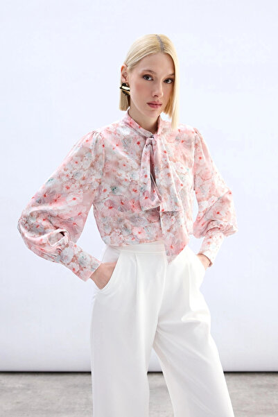 Sateen Floral Patterned Scarf Shirt - Powder