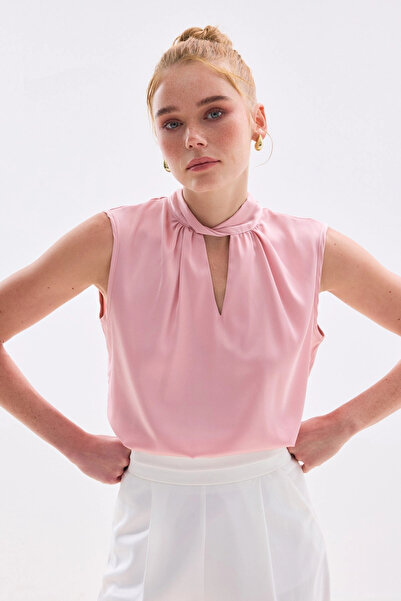 Sateen Collar Detailed Satin Blouse - Pink