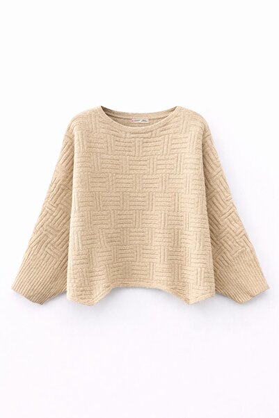 Mixray 7011 Women's Asymmetrical Textured Patterned Knitwear Sweater Beige