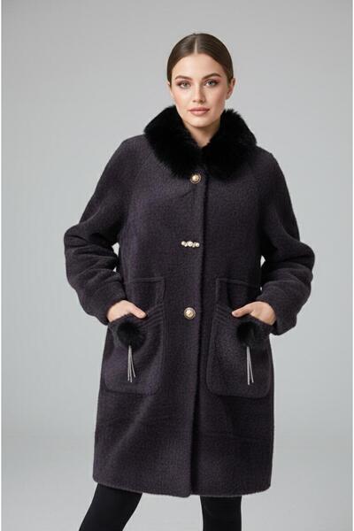 Rabiossa Women's Anthracite Fur Collar Plush Coat with Brooch Detail
