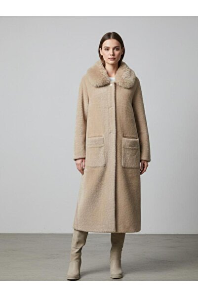 Rabiossa Women's Fur Collar Long Jacket Coat