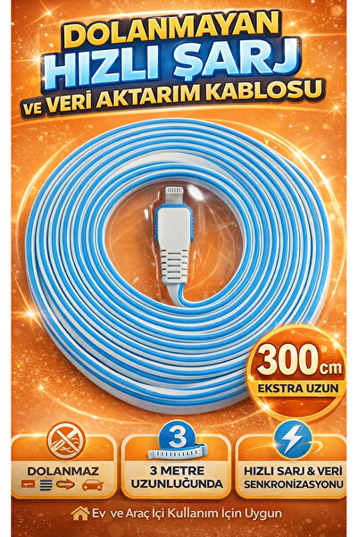 FaroxTech USB Konnektörlü 3mt Premium Dayanıklı Lightning Data ve Şarj Kablosu