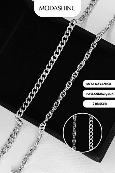 ModaShineShop طقم أساور سلسلة للجنسين مكون من قطعتين من الفولاذ المقاوم للصدأ...