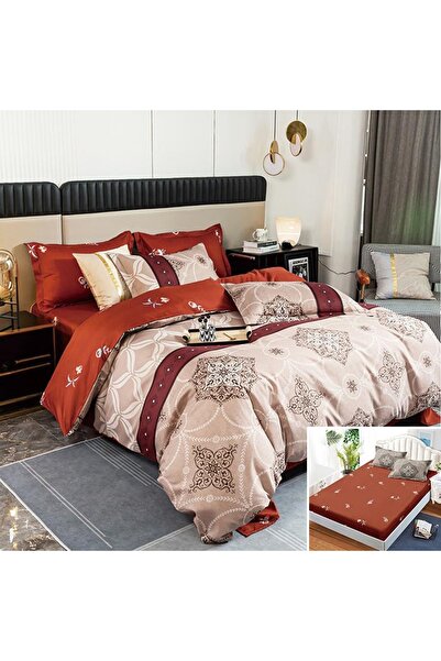 OEM Bed linen, 2 people, satin cotton, 4 pieces, with elastic, red and beige,...