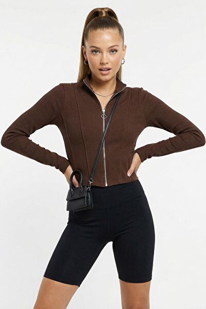 Rays 3080A Front Zipper Short Cardigan Brown