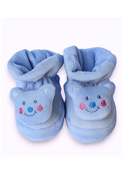 First Step Mavi Kadife 3 Boyutlu Ayıcık Kafacıklı Erkek Bebek Patiği