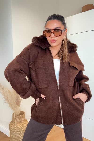 Sohotique By P Fur Collar Zippered Cardigan Bitter Brown