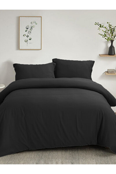 HOMENUP 150X200 Solid Color Double Duvet Cover Set with Elastic Sheet Black