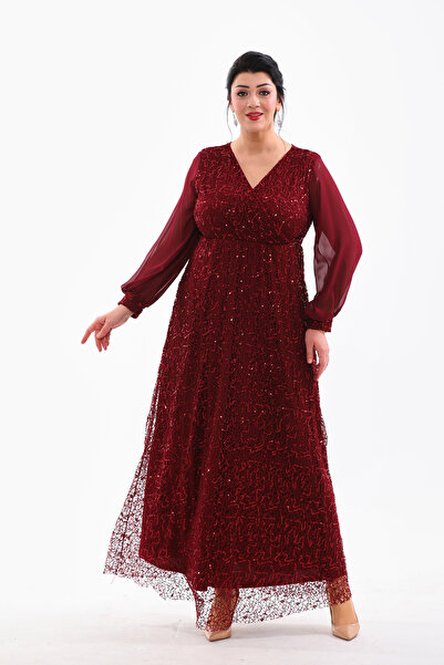 IŞILTI Вечірнє плаття з паєтками, круазе комір, шифон, довгі рукави, великий ...