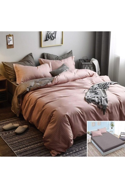 OEM Lenjerie de pat, 2 persoane, bumbac satinat, 4 piese, cu elastic, maro, i...