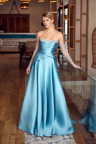 ÖMÜR INN Women's Strapless Long Evening Dress with Flutter Sleeves 6734 Turqu...