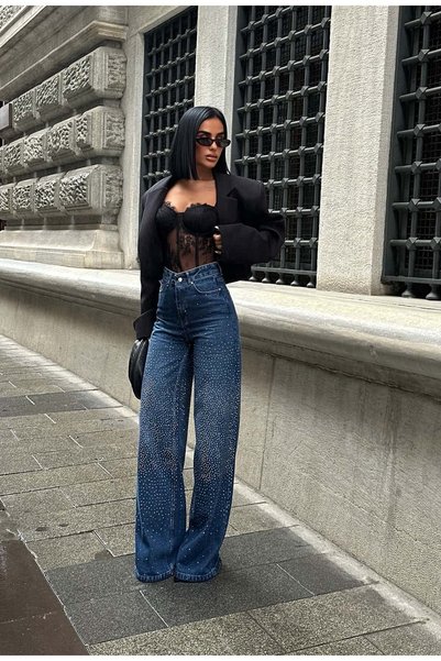 GLAMMOSS L'Atelier Wide Leg High Waist Baggy Jean Trousers with Stones