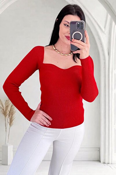 MODAMERSİ Women's Red Heart Collar Corded Fabric Knitwear Sweater