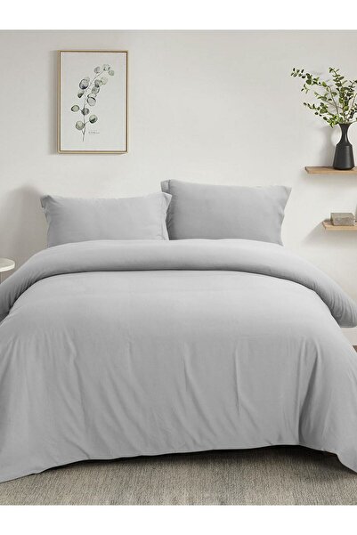 HOMENUP 150X200 Solid Color Double Duvet Cover Set with Elastic Sheet Gray