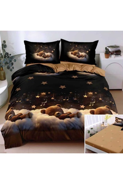 OEM Bed linen, 2 people, satin cotton, 4 pieces, with elastic, black and brow...