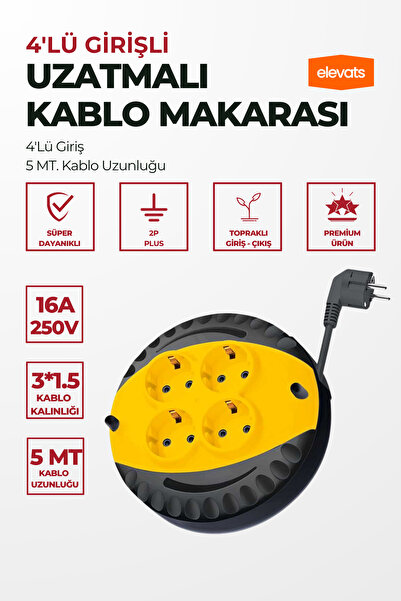 Elevats Premium Makaralı Uzatma Kablo 4 Lü 5 Metre 3x1.5mm 3000 Watt Sarı-Siyah